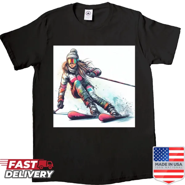 Playful skiing graphic on Ski 3 shirt