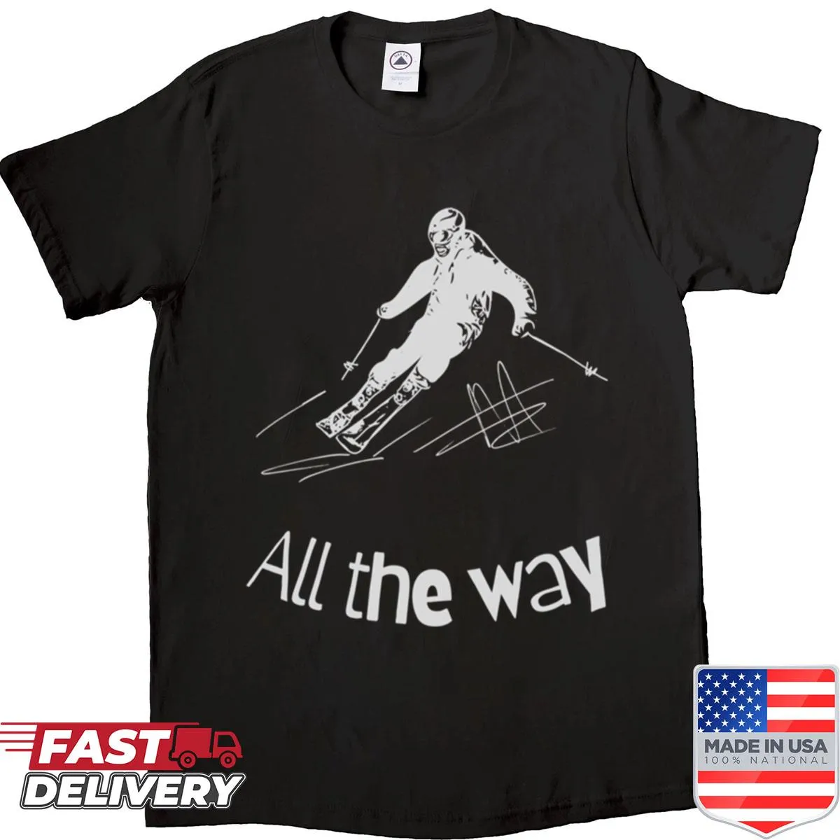 Playful illustration shirt celebrating skiing and winter sports