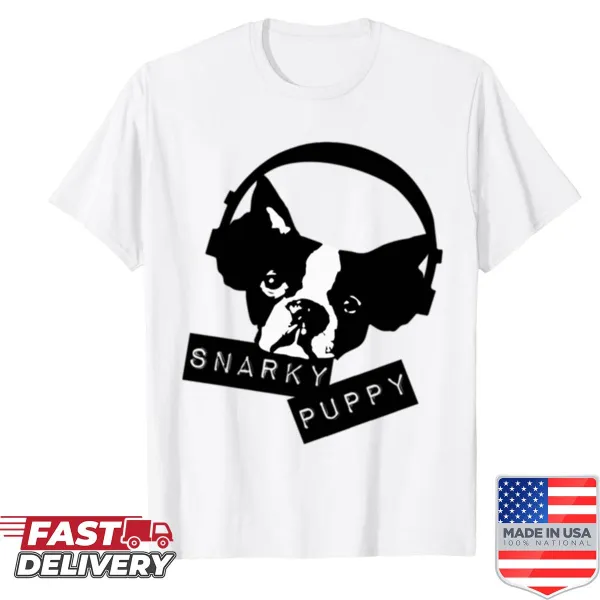 Humorous T-shirt featuring a snarky puppy logo in a graphic design