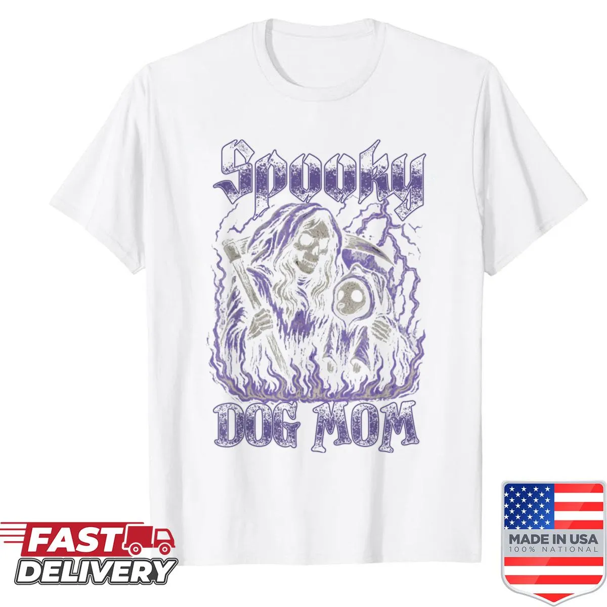 Retro-style Halloween shirt featuring a skeleton dog and Dog Mom text