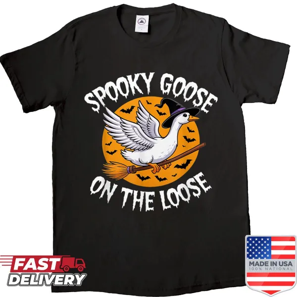 Cartoon spooky goose graphic on Halloween shirt