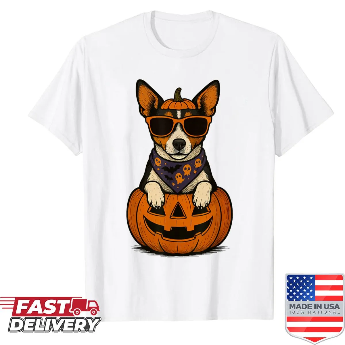 Illustration of a Rat Terrier with pumpkins for Halloween
