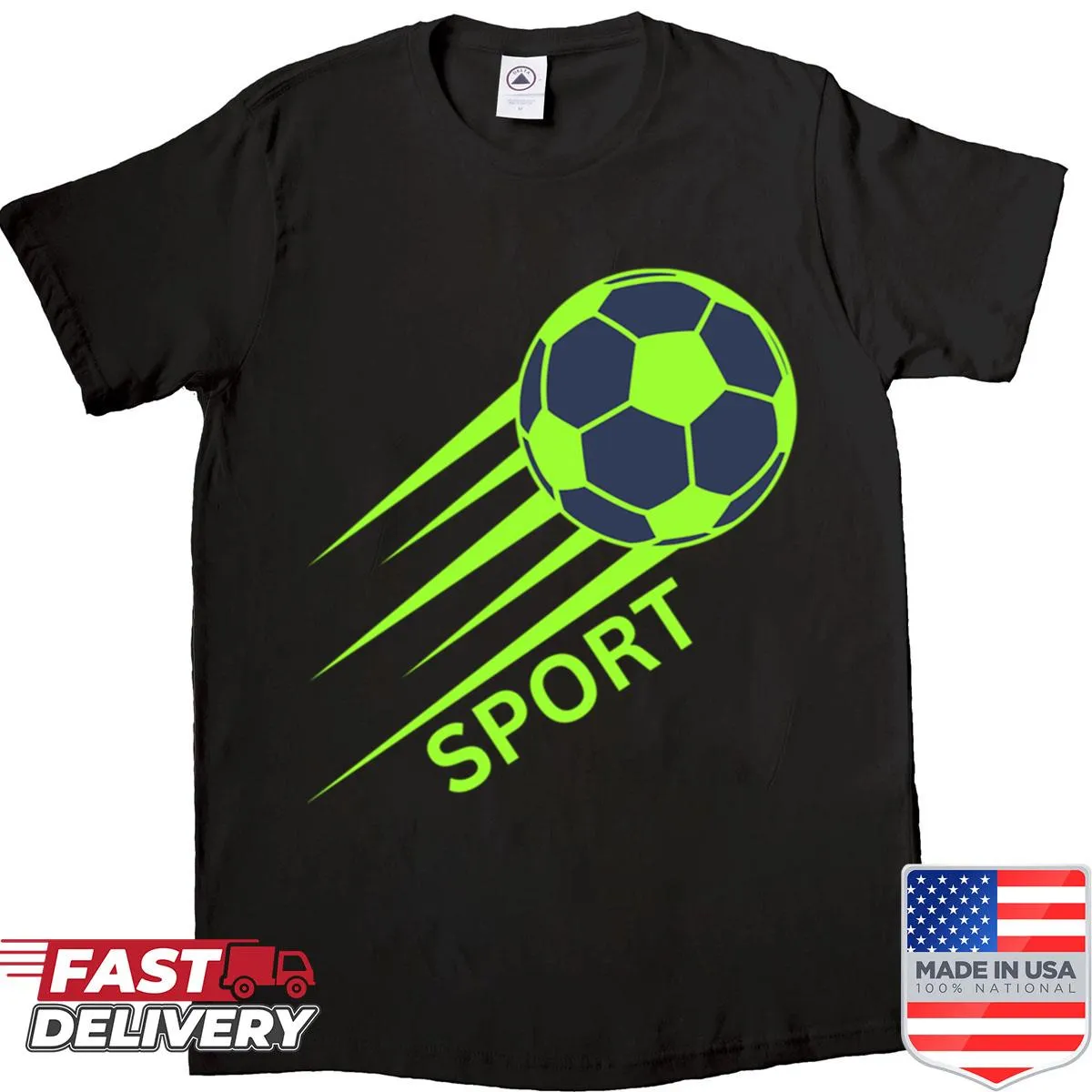 Bold 'Sport' lettering on a playful sports-themed T-shirt