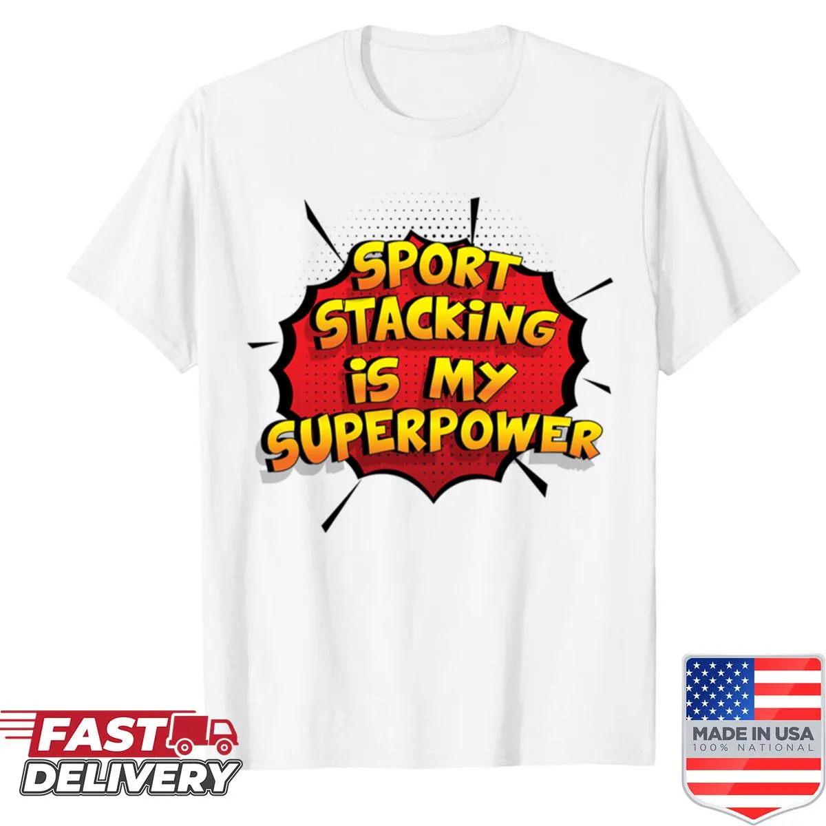 Cartoon design shirt celebrating sport stacking with humorous graphics