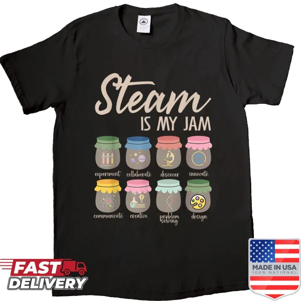Vintage-style teacher shirt with pastel jars and 'Steam Is My Jam' text