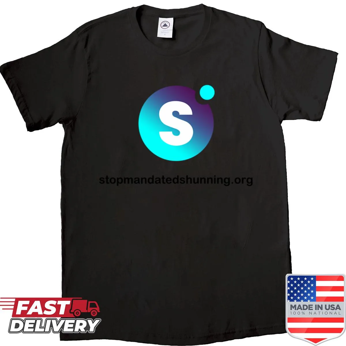 T-shirt with bold text 'Stop Mandated Shunning'