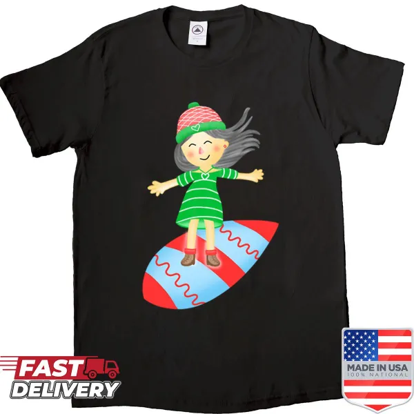 Illustration of a girl surfing on a board, hands raised in joy