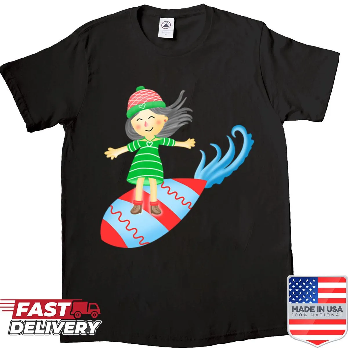 Illustrative surfboard shirt for girls with a cheerful surfer girl design