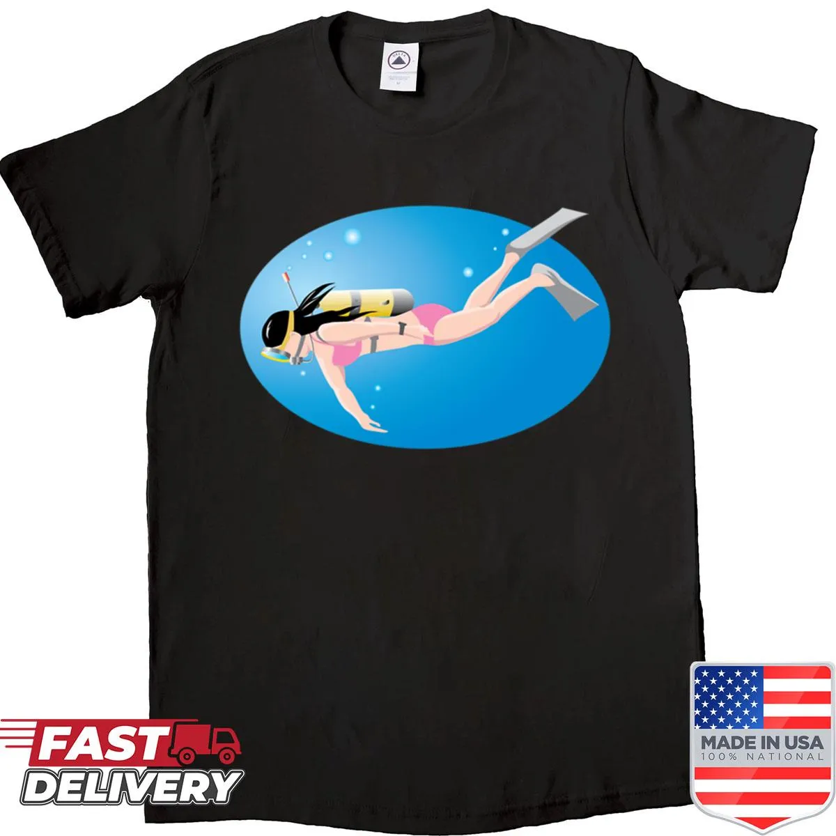 Cartoon surfers depicted on a playful surfing T-shirt