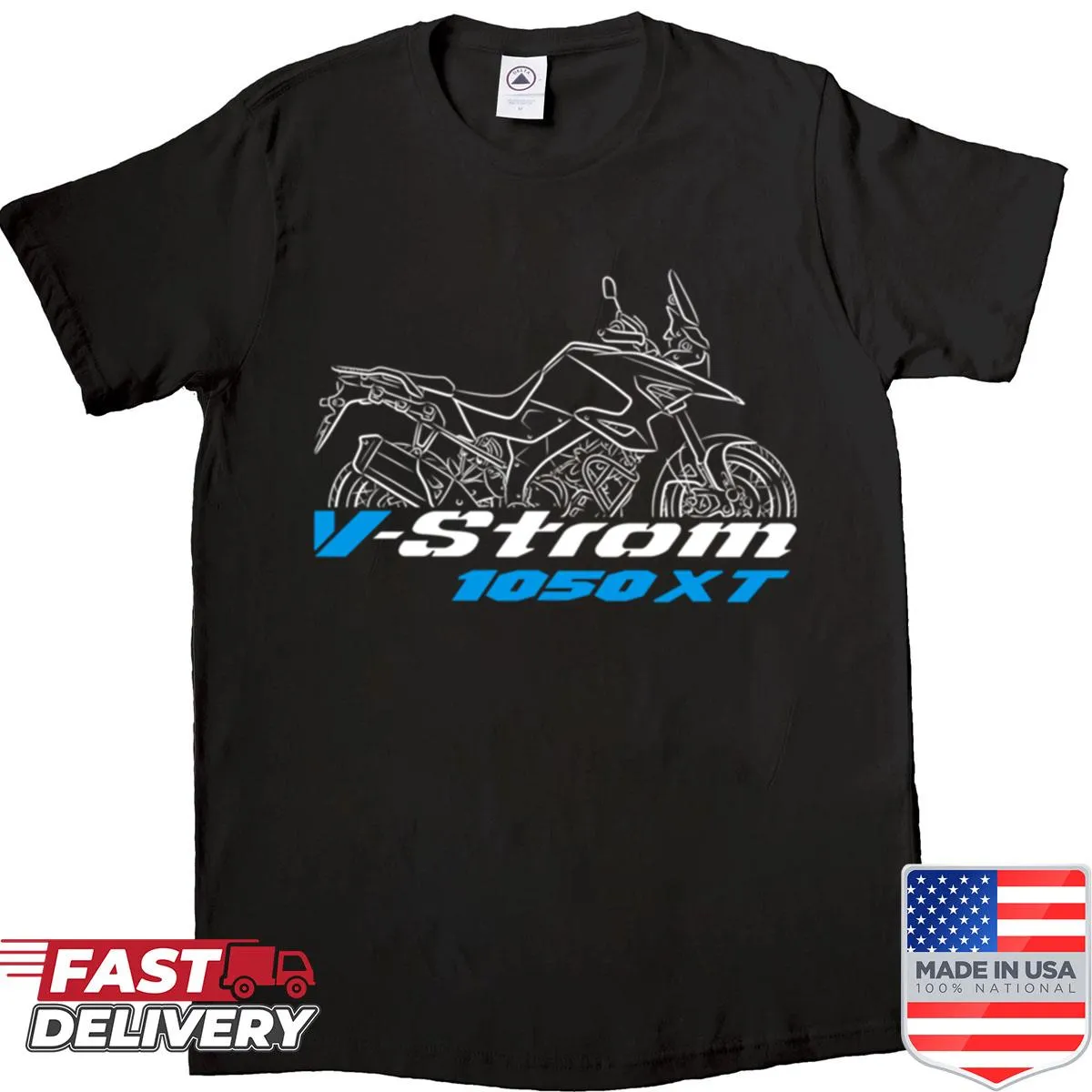 Illustration of Suzuki V-Strom motorcycle model on a shirt