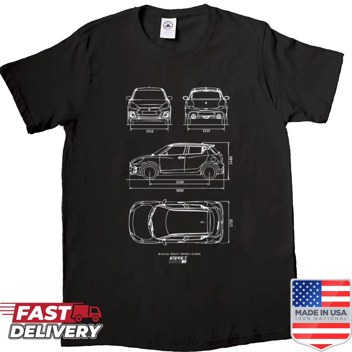 Graphic t-shirt featuring the Swift Sport ZC33S model