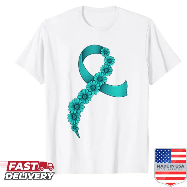 Teal ribbon design for ovarian cancer awareness on t-shirt