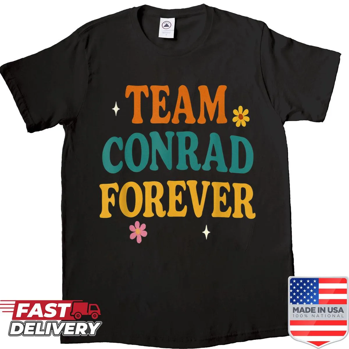 Playful retro shirt celebrating Team Conrad and summer vibes