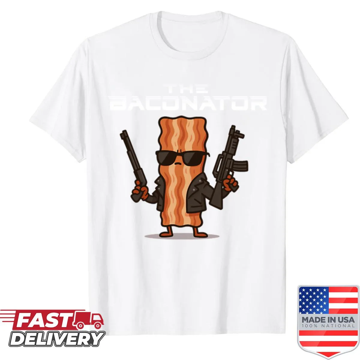 Whimsical Baconator t-shirt featuring a cartoon burger design