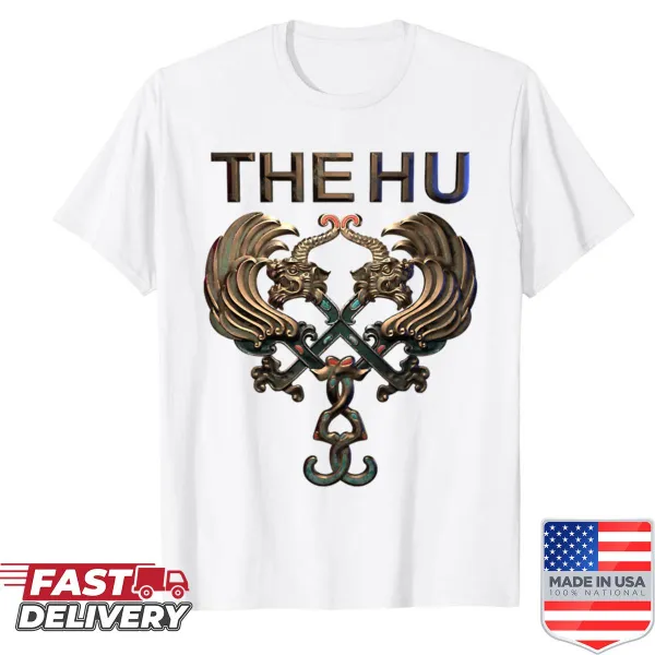 Vintage-style t-shirt featuring The Hu's logo in a distressed design
