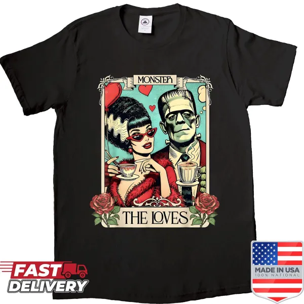 Illustrated shirt featuring Frankenstein and Bride in a tarot card design
