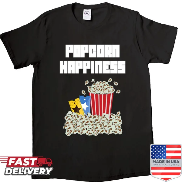 Whimsical shirt featuring a popcorn graphic and the word happiness