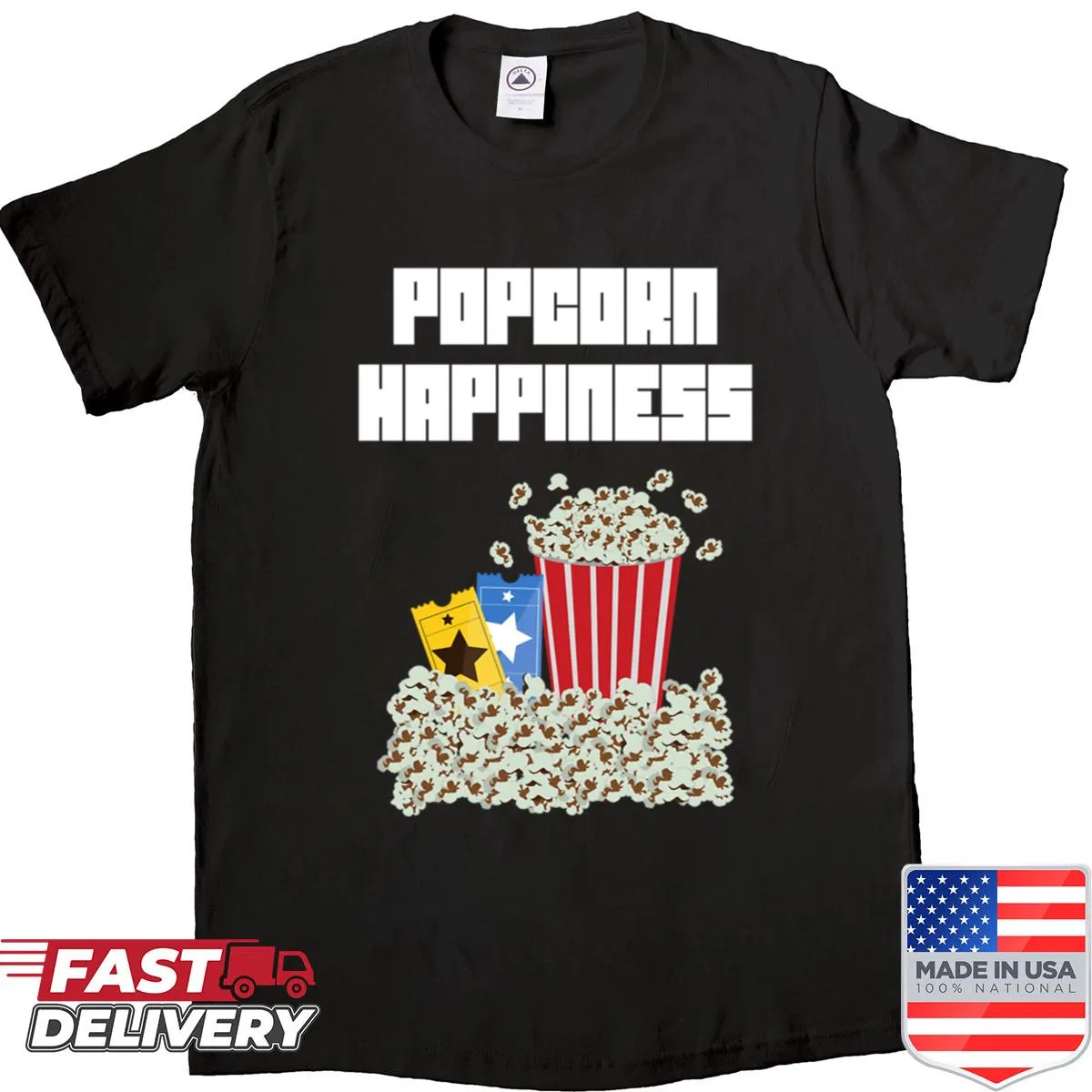 Whimsical shirt featuring a popcorn graphic and the word happiness