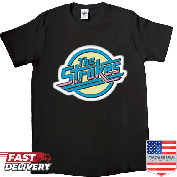 Retro T-shirt featuring The Strokes' blue logo.