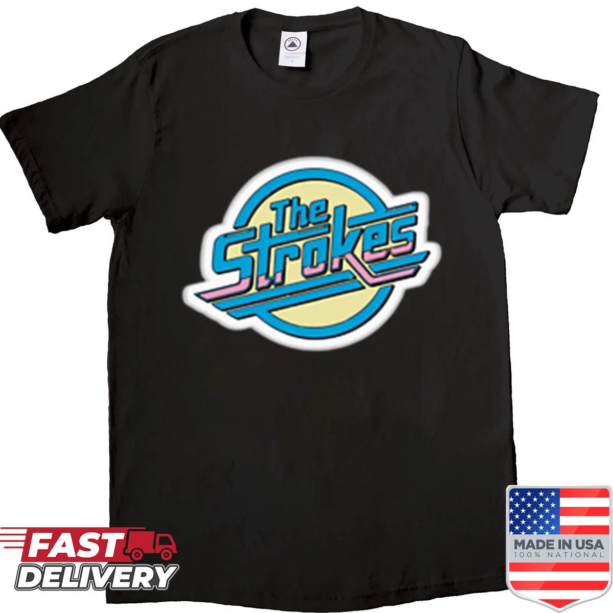 Retro T-shirt featuring The Strokes' blue logo.