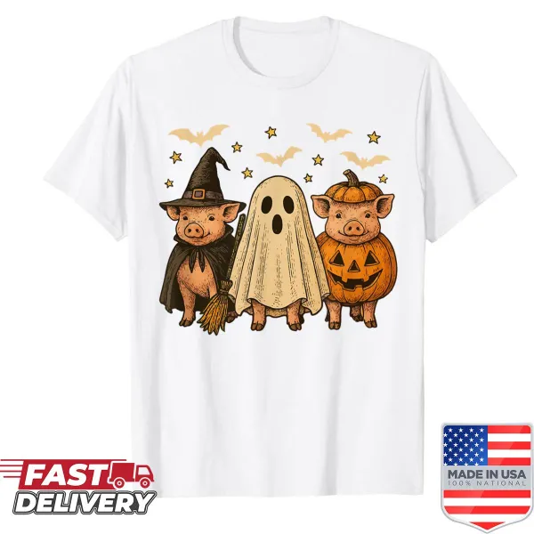 Cute cartoon pigs in witch costumes with pumpkin design