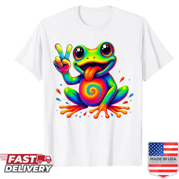 Shirt with a retro frog design and peace sign, embodying a hippie vibe.
