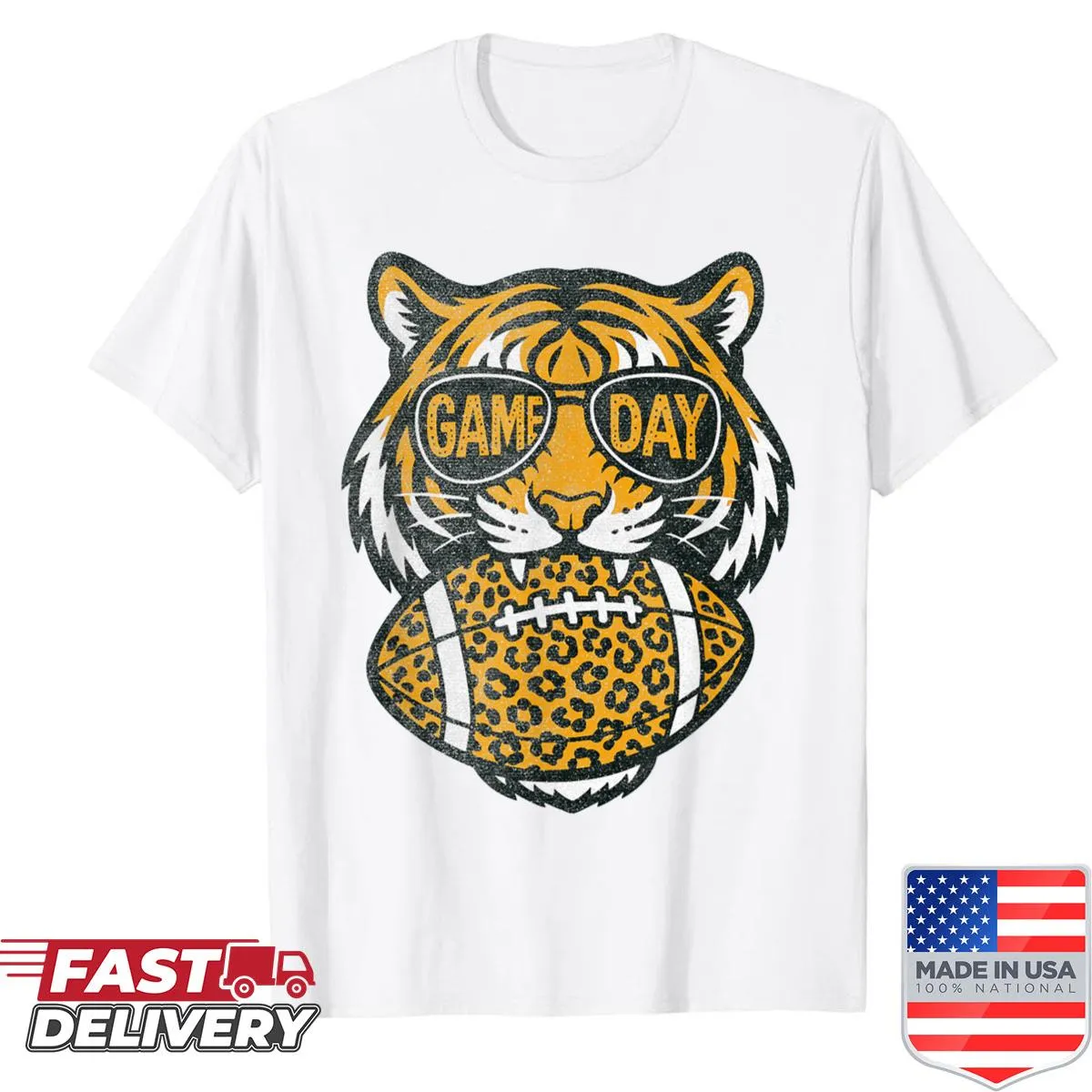 Football game day shirt with tiger and leopard graphics
