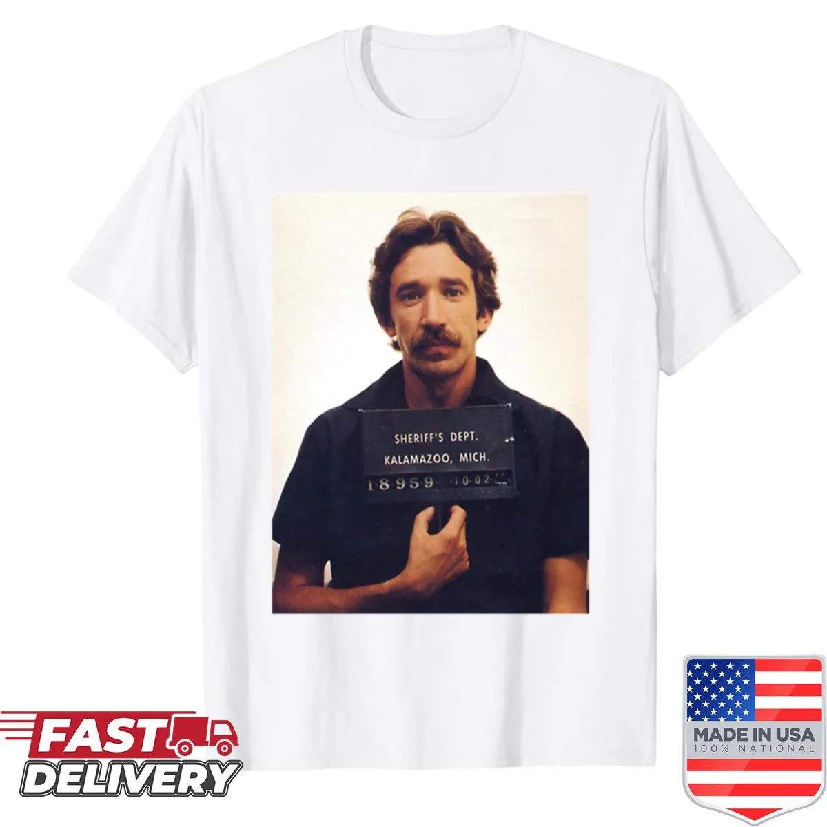 Illustrated Tim Allen mugshot design on a T-shirt