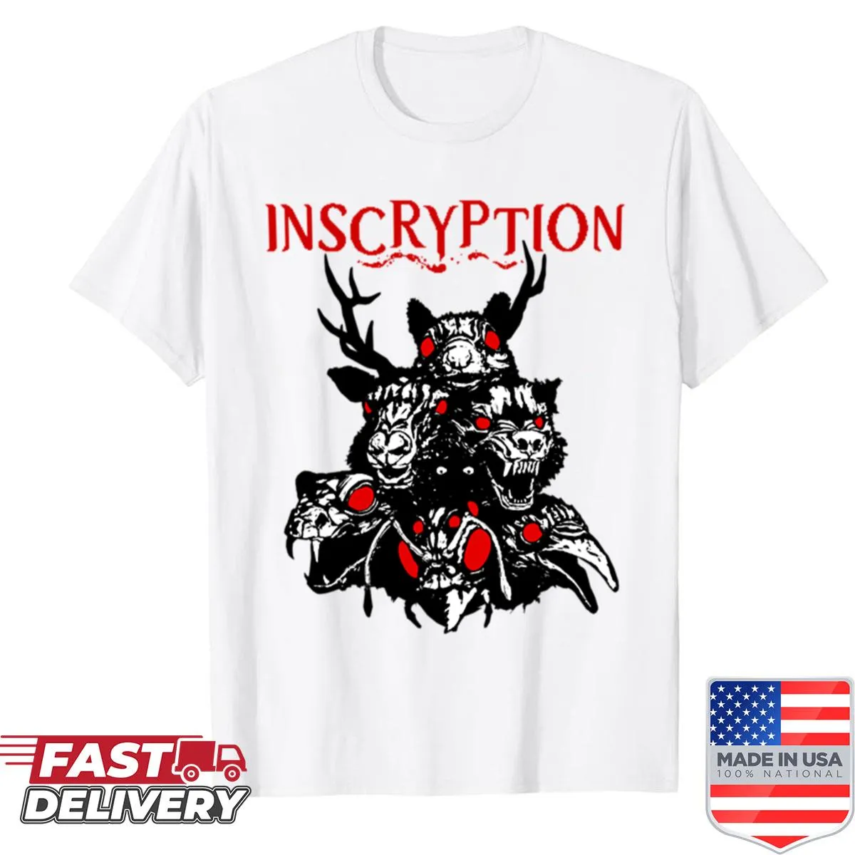 Shirt featuring totems and the Inscryption logo, ideal for gamers.