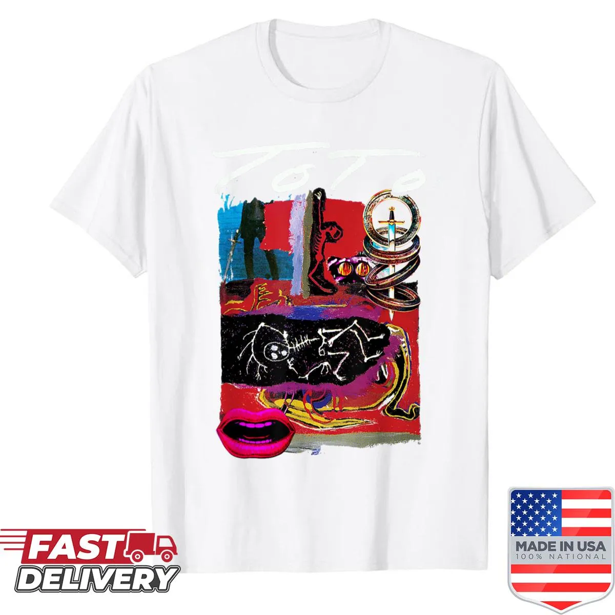 Collage graphic of Toto album covers on a t-shirt