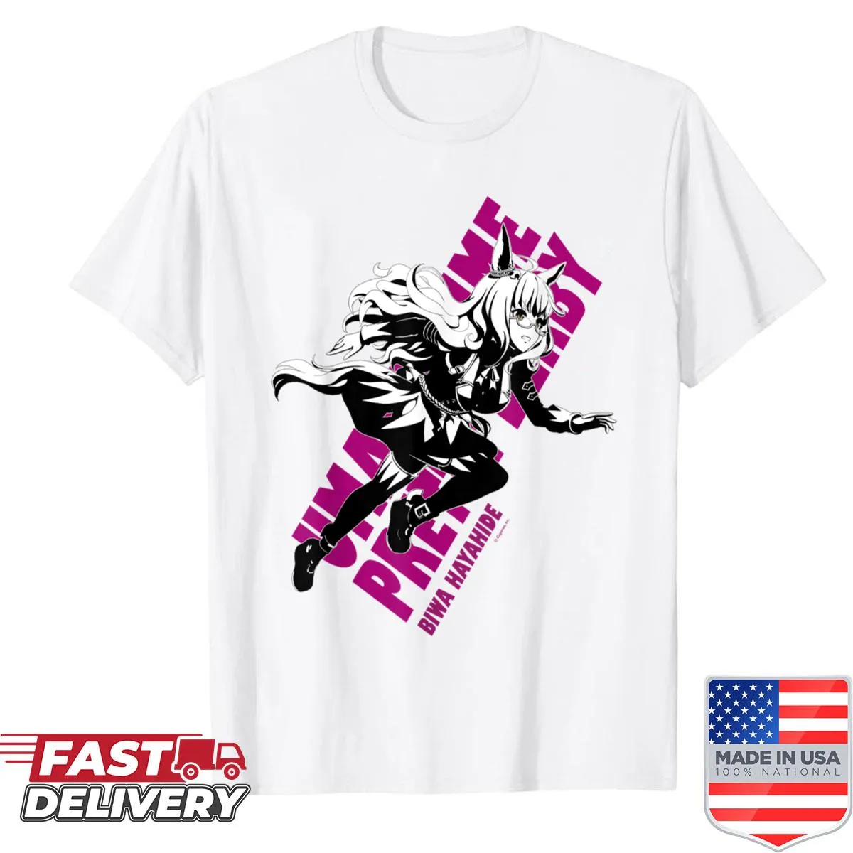 Illustrative Biwa Hayahide character shirt from Umamusume