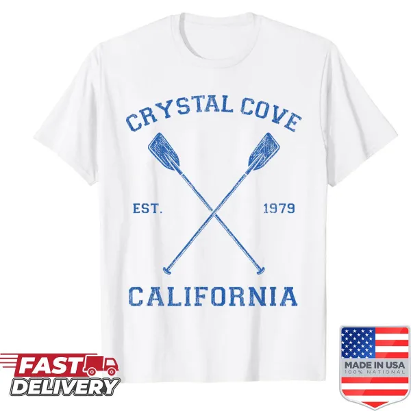 Vintage-style shirt featuring a scenic representation of Crystal Cove