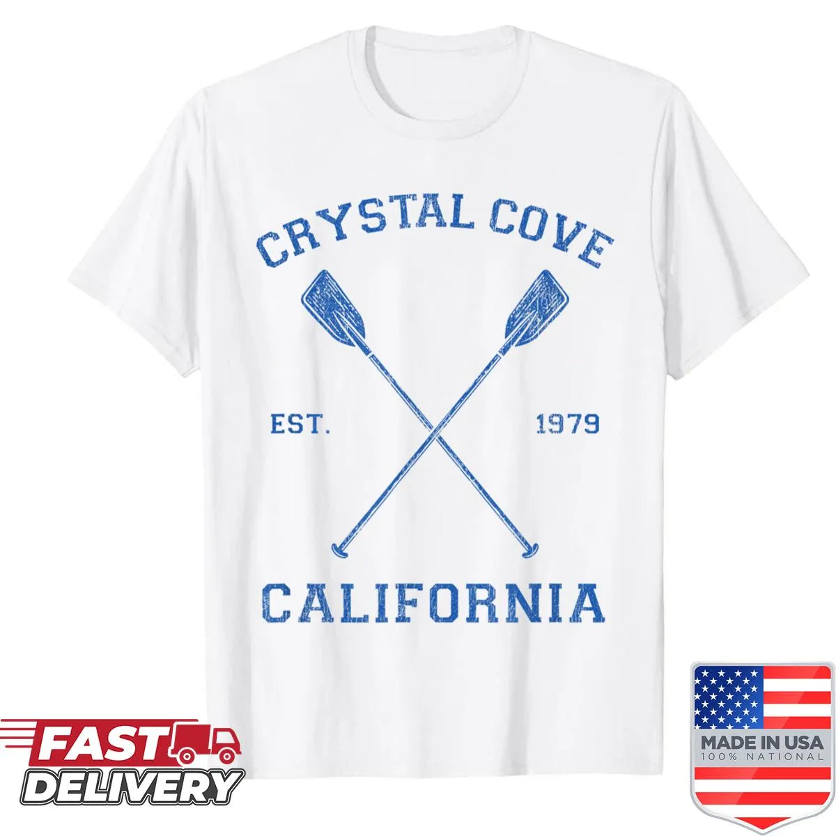Vintage-style shirt featuring a scenic representation of Crystal Cove