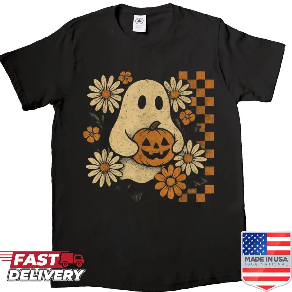 Vintage floral ghost Halloween shirt for women with retro design