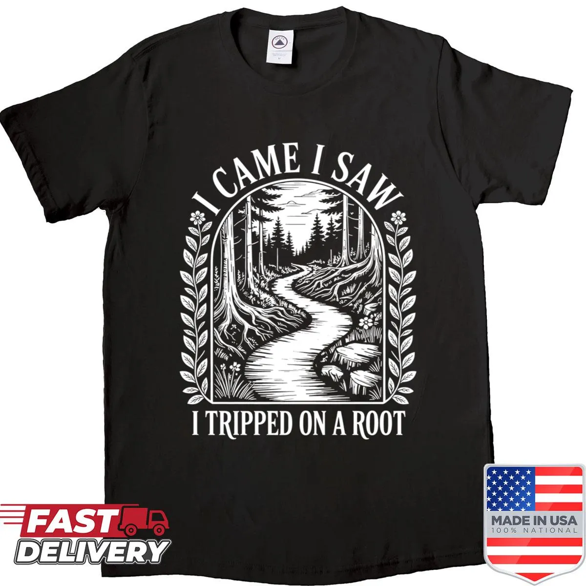 Vintage hiking shirt with humorous text about tripping on roots
