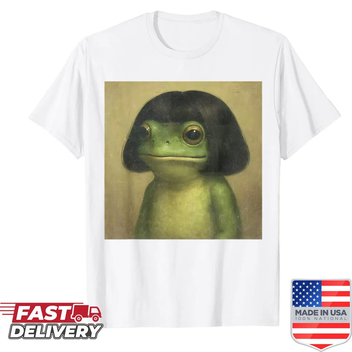 Vintage design of a funny frog with a straight bob haircut graphic