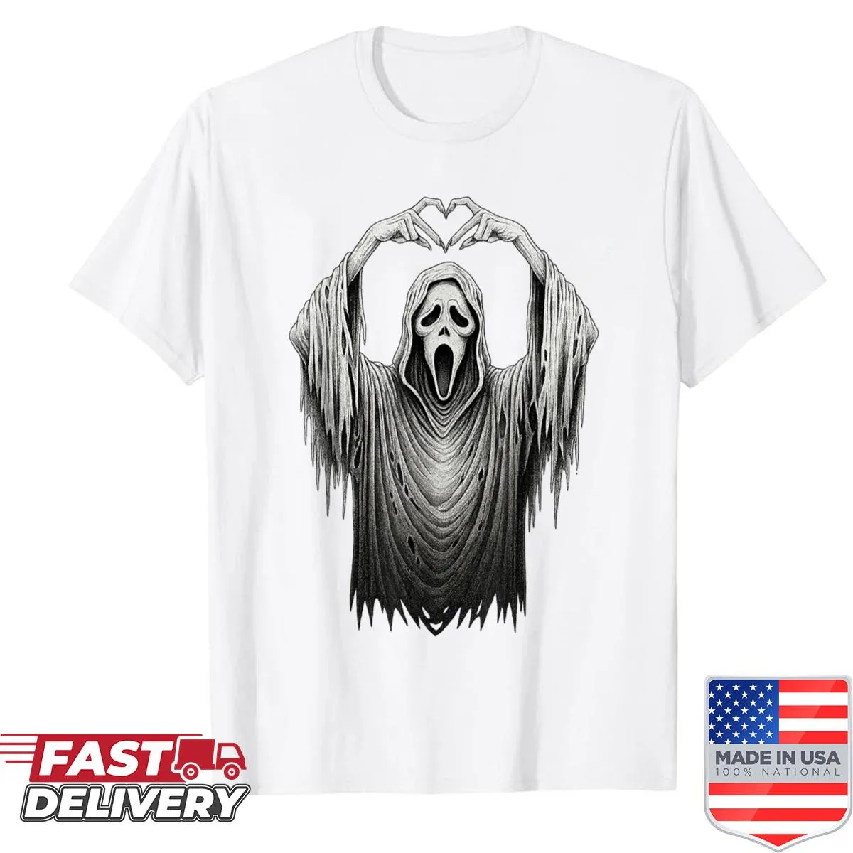 Ghost face character making a heart sign on a Halloween shirt