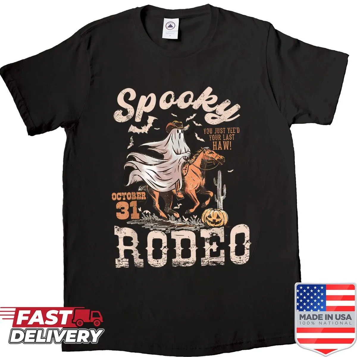 Vintage distressed Halloween cowgirl graphic on a shirt