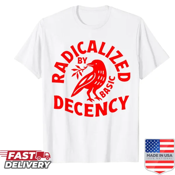 Vintage shirt with a floral crow design and the phrase 'Radicalized By Basic Decency'