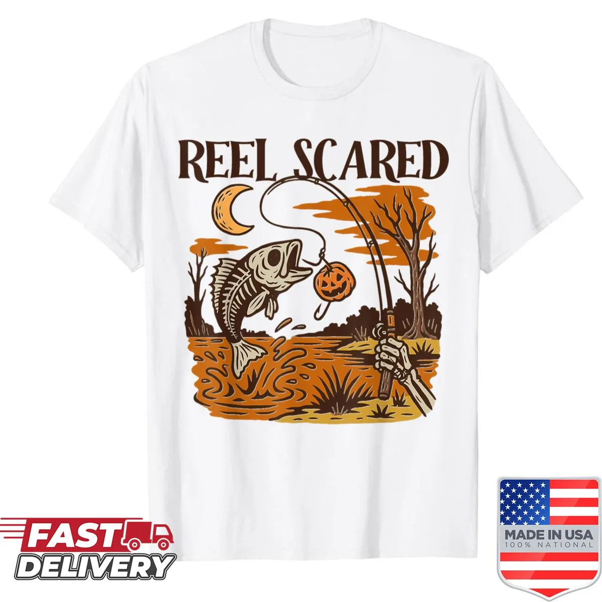 Vintage-style fishing skeleton illustration with Halloween theme
