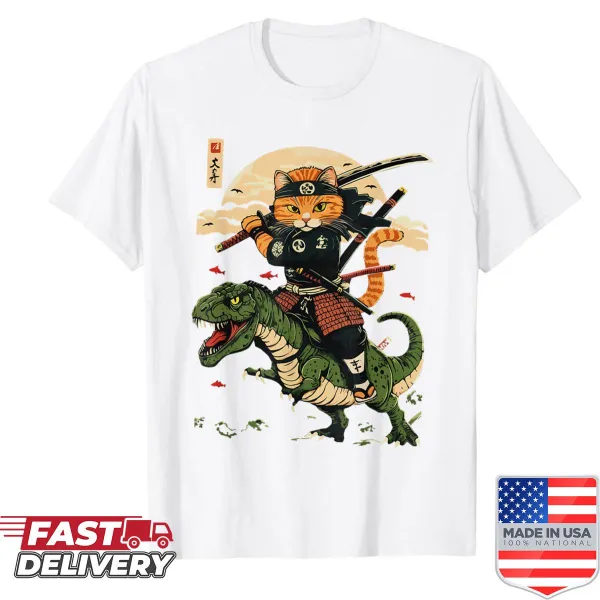 Illustrated samurai cat on a dinosaur in Japanese art style