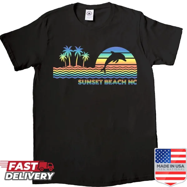 Retro shirt featuring dolphins and a beach sunset