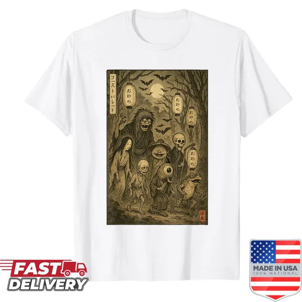 Vintage yokai ghost illustration on a sumi-e style shirt