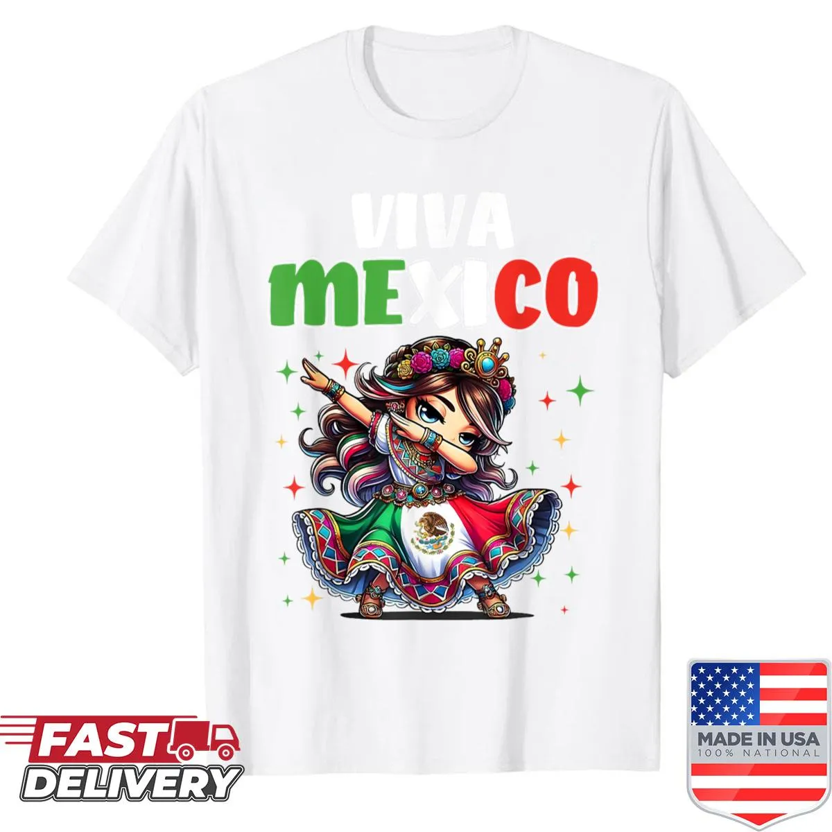 Cartoon girl dabbing with the Mexican flag on shirt