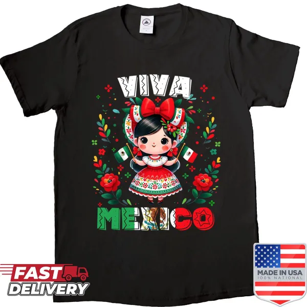 Illustration of a girl with the Mexican flag on a festive shirt