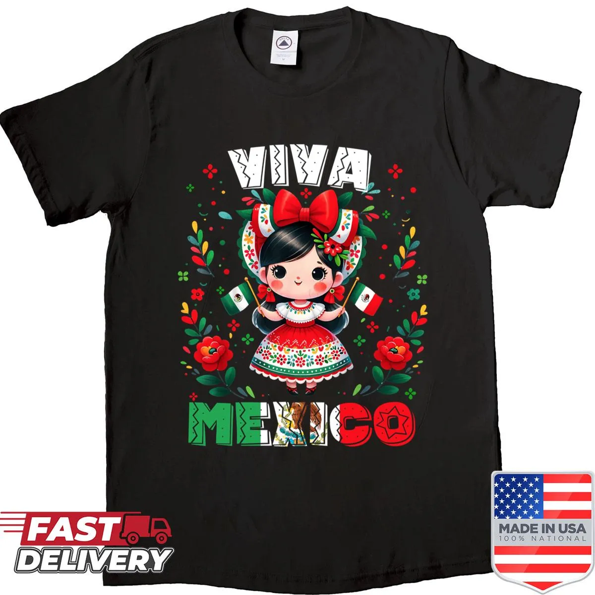 Illustration of a girl with the Mexican flag on a festive shirt