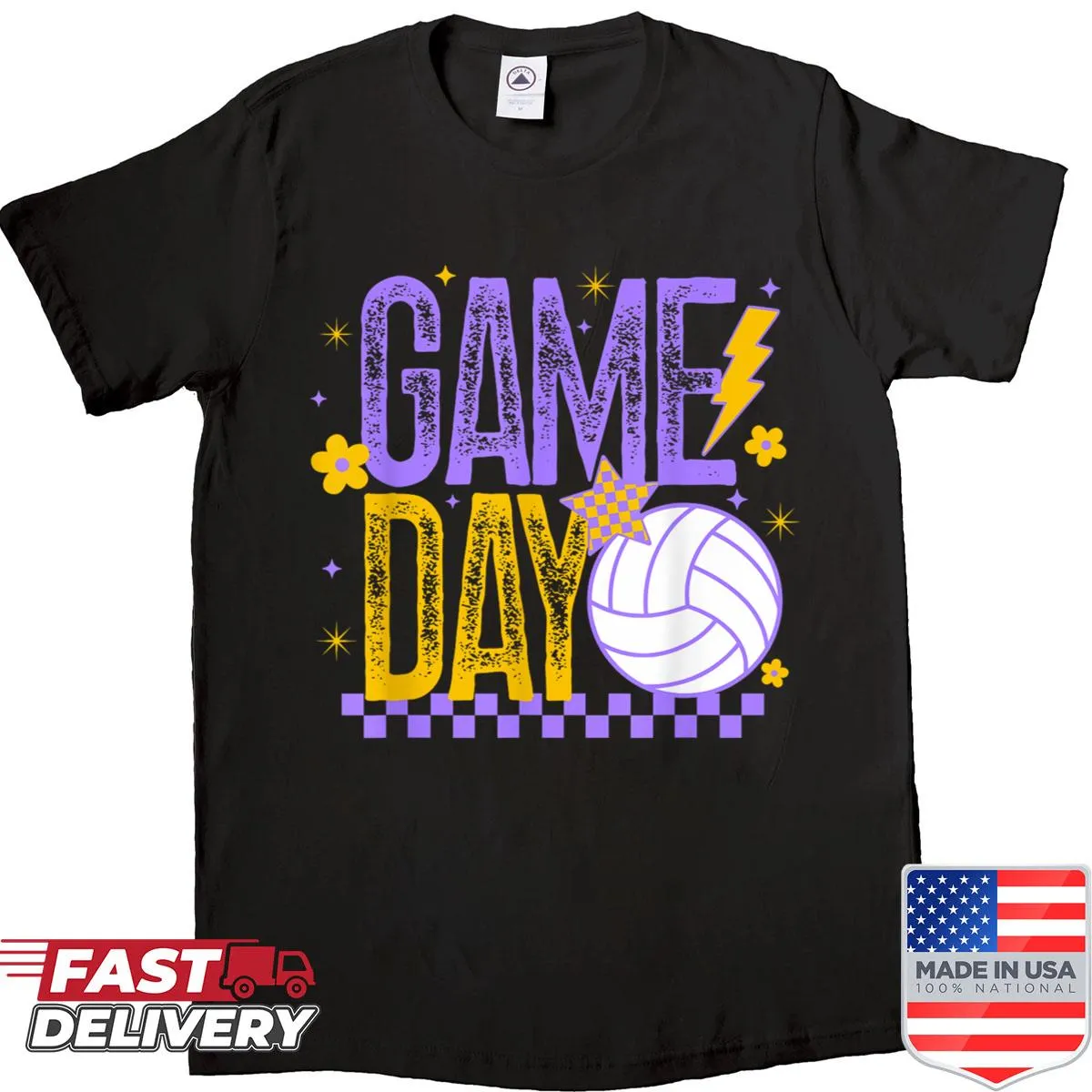 Retro girls volleyball mom shirt in purple and gold