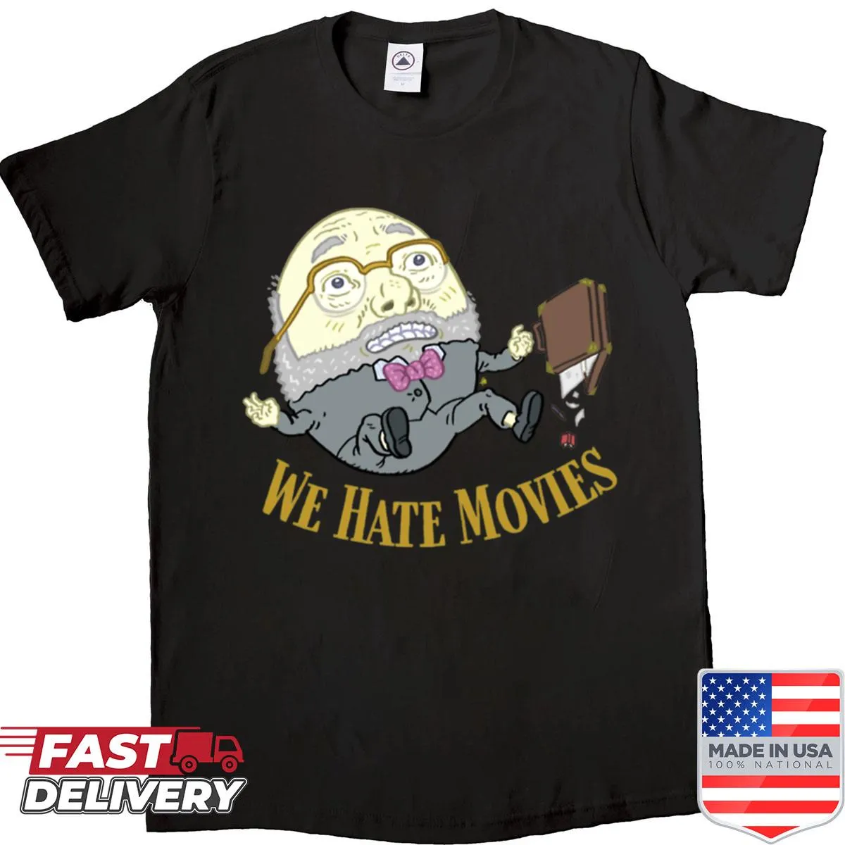 Edgy t-shirt with 'We Hate Movies' text and legal graphic