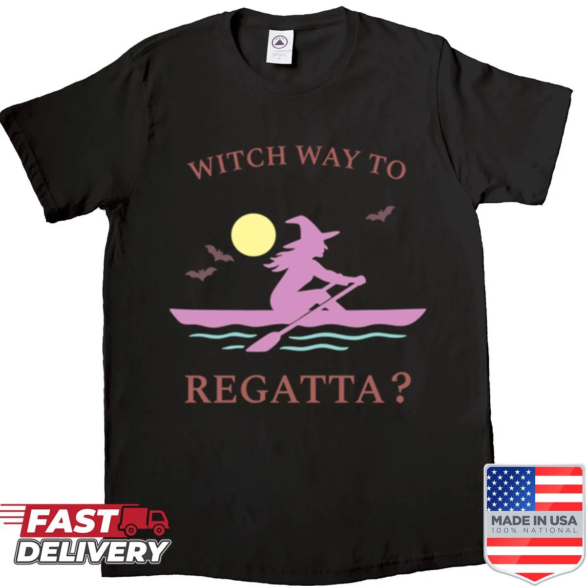 Design featuring witch-themed graphics and rowing elements