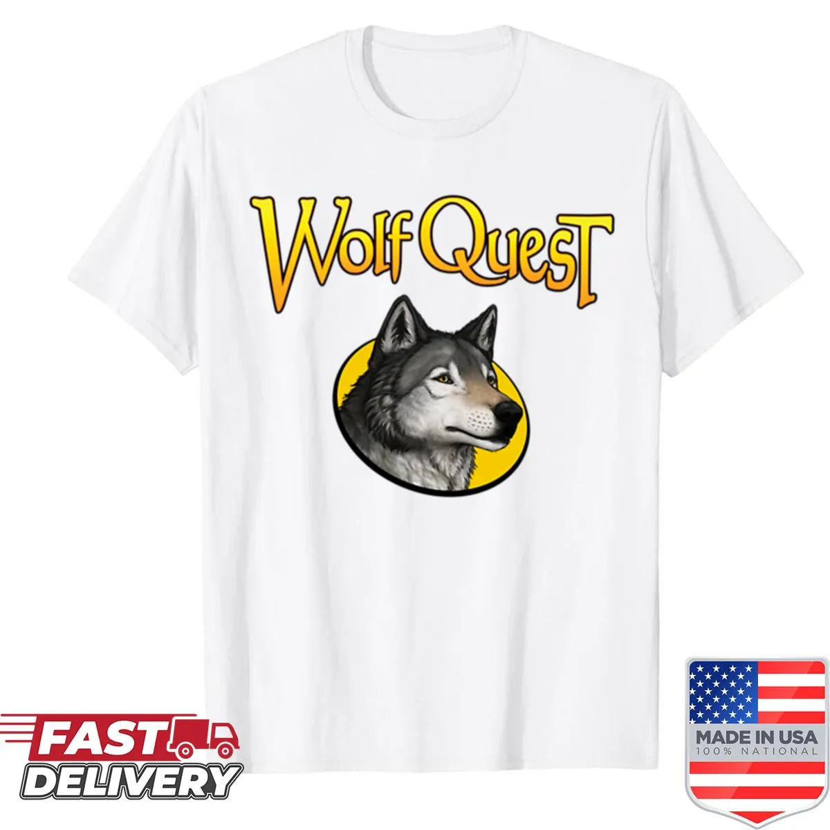 Wolfquest logo t-shirt featuring a wolf design